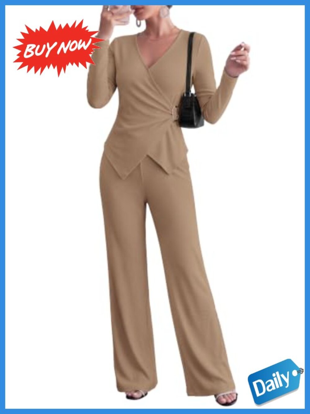 Women 2 Piece Lounge Set Ribbed Knit Wrap Top Wide Leg Pants